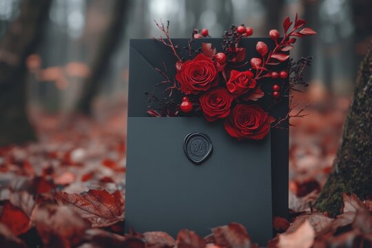 A mysterious wedding invitation with deep burgundy and black accents, wax seal imagery, and gothic typography