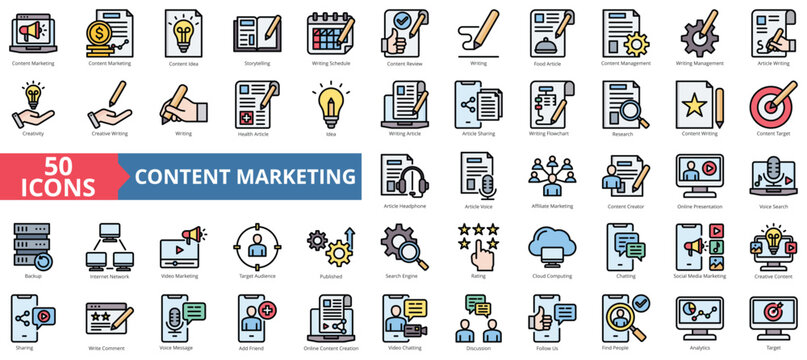 Content marketing icon collection set. Containing idea, storytelling, writing schedule, review, writing, food article, management icon. Simple flat outline vector illustration
