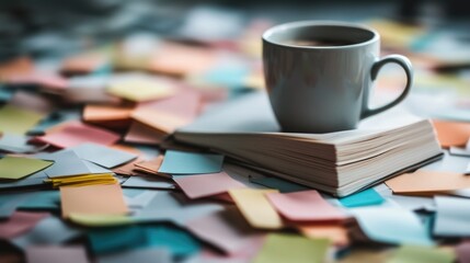 Fototapeta premium Coffee Cup on Book Surrounded by Colorful Sticky Notes