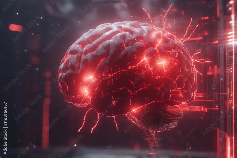 Poster a pixel art depiction of a glowing brain with animated neurons firing, representing intelligence in 