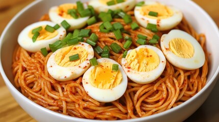 Delicious Spaghetti Noodles Topped with Hard Boiled Eggs and Herbs
