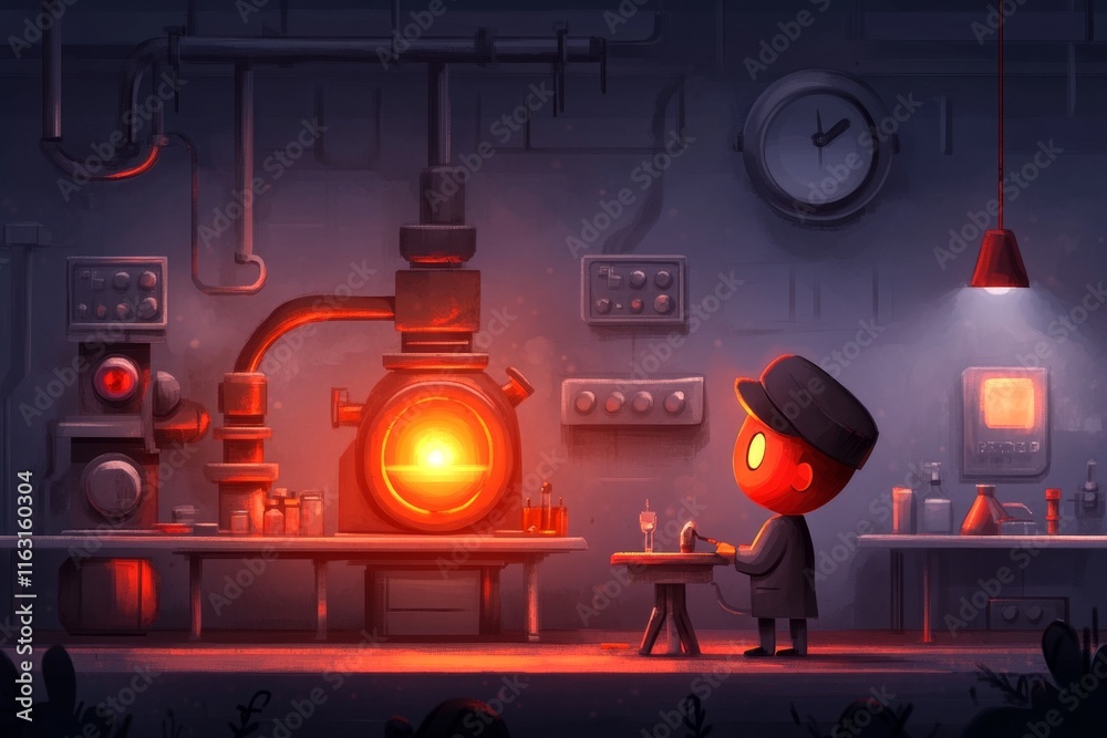 Poster a pixel art inventor in a retro lab surrounded by glowing, animated machines and tools, symbolizing 