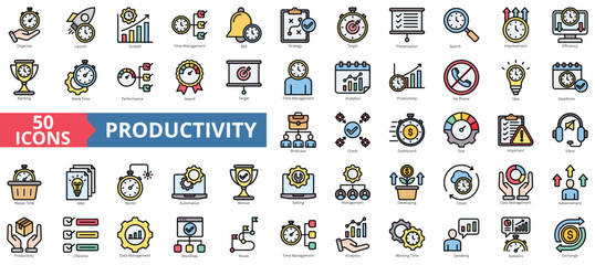 Productivity icon collection set. Containing organize, launch, growth, time management, bell, strategy, target icon. Simple flat outline vector illustration