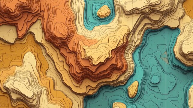 A topographic map featuring layered terrain in warm and cool colors.