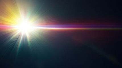Obraz premium Bright lens flare with rainbow edges on dark background, creating vibrant atmosphere