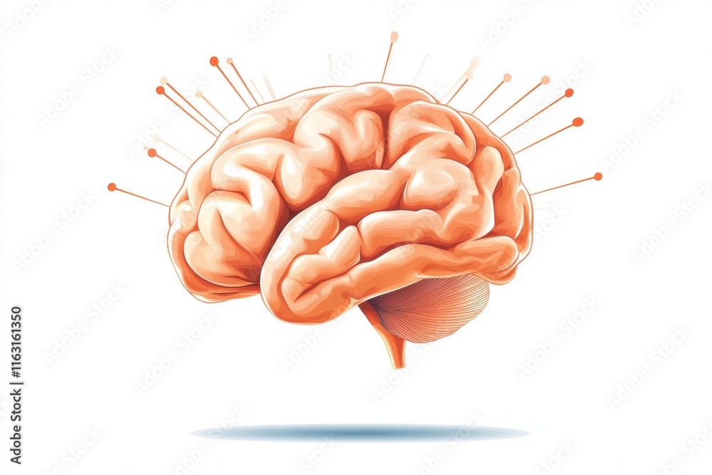 Poster a simple flat design of a glowing brain emitting bright lines of intelligence on a clean white backg
