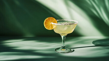Refreshing cocktail served in a stylish glass with citrus garnish and vibrant green background