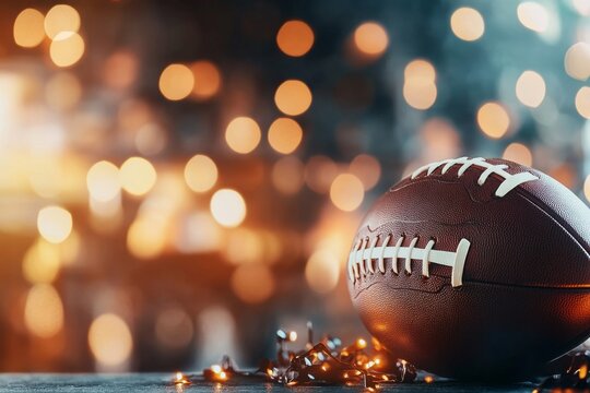 A sports-themed party invitation with bold text, team logos, and a background of stadium lights