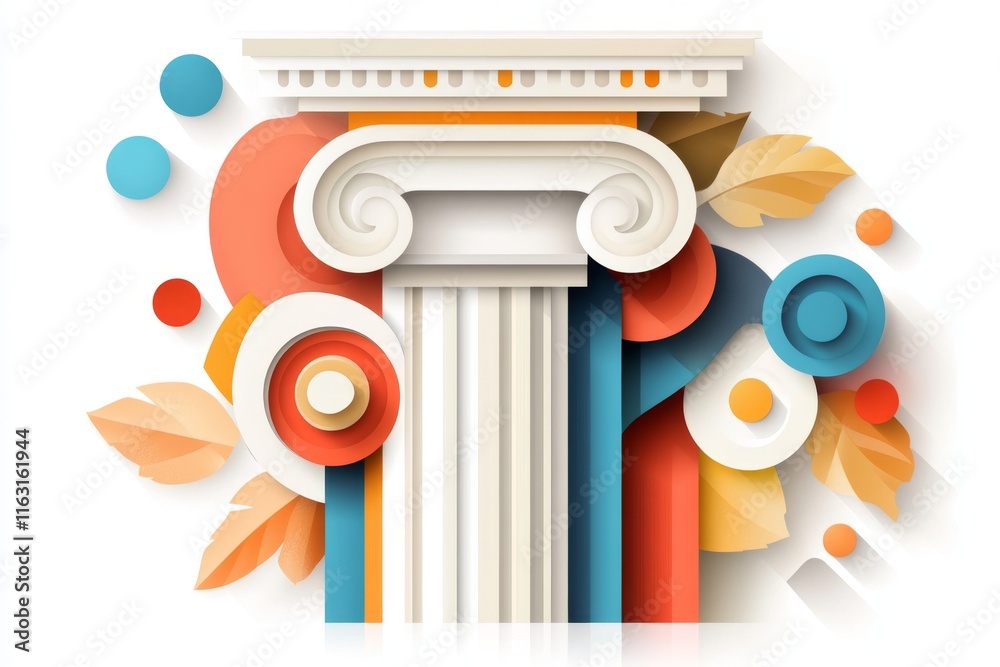 Poster a stylized flat design of a single ionic column in pastel colors, representing timeless architectura