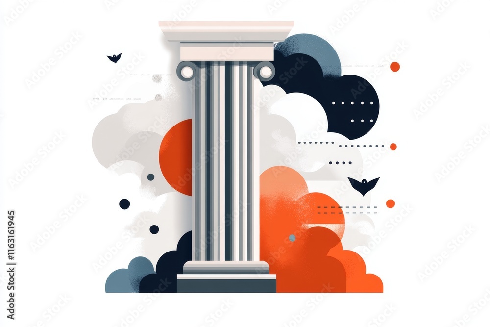Poster a stylized flat design of a single ionic column in pastel colors, representing timeless architectura