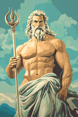 Obraz premium A muscular figure resembling a god, holding a trident, with clouds in the background.