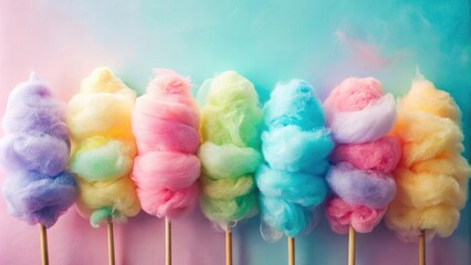 Colorful cotton candy on soft pastel background, cotton candy, pastel colors, sweet, dessert, carnival, sugary treat, fluffy