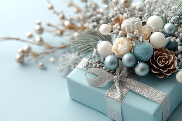 A winter wonderland themed invitation for a holiday gathering, featuring snowflakes, icy blues, and silver accents