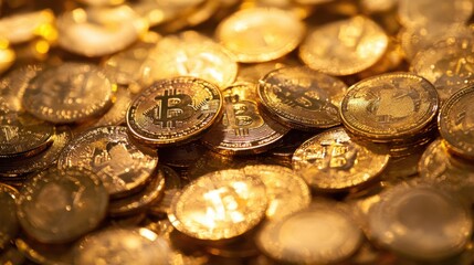 Golden Bitcoin Cryptocurrency Pile: Digital Currency Wealth and Future of Finance