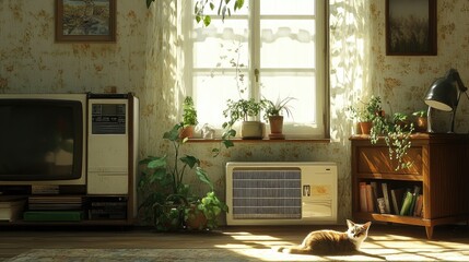 Sunny vintage living room with cat, plants, and retro TV.