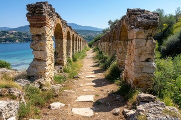 Fototapeta premium An ancient aqueduct system irrigating a field, blending historical engineering with natural beauty