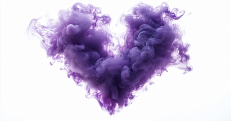 Fototapeta premium A vibrant heart-shaped purple smoke against a white background, perfect for romantic promotions, weddings, or Valentine's Day design needs. Ideal for dreamy, whimsical themes.