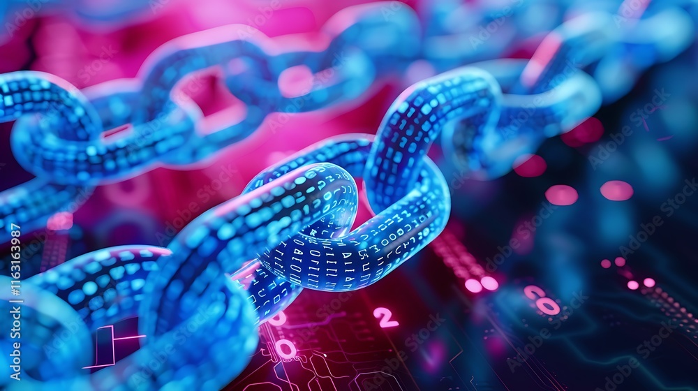 Poster abstract image of a glowing blue blockchain. digital links and security.