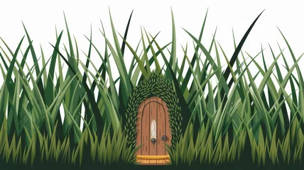 Poster A whimsical, cartoon-style door nestled in vibrant green grass, creating a sense of magic and adventure in a lush, fairy-tale setting.