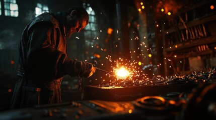 Blacksmith forging metal in dark workshop, sparks flying.