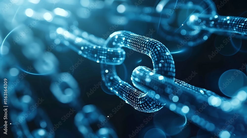 Fototapete Glowing blue digital chain forms abstract image with connection nodes for secure blockchain technology data integrity decentralized system and encrypted network concept.