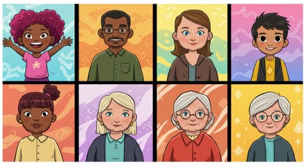 Diverse cartoon portraits showcasing various ages and ethnicities with colorful backgrounds