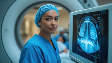 Female radiologist uses advanced imaging tech in modern hospital. Examines patient scan on monitor. Medical pro looks focused, confident. Personalised treatment for patients based on precise