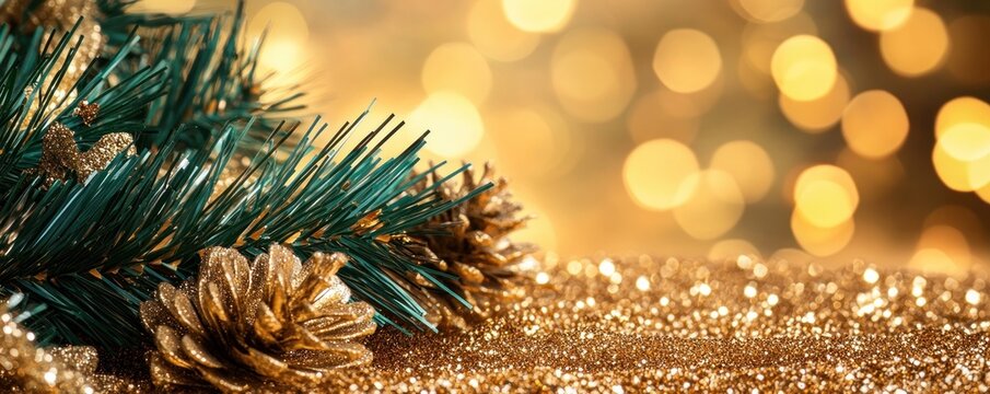 A festive background featuring tinsel adorned with charming, glittering accents, creating a whimsical festive look ideal for Christmas themes, adding a touch of magic with golden sparkles and