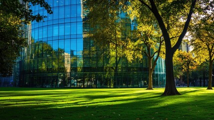Obraz premium Modern Architectural Building Reflected in Green Landscape