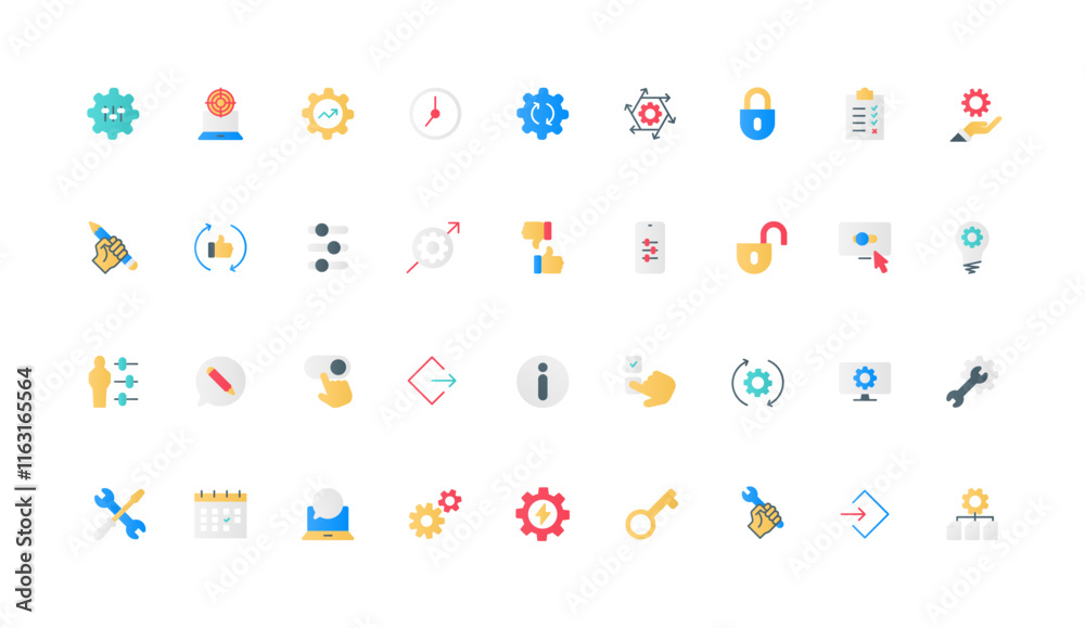 Poster Gears of operation and settings control, setup management on panel with equalizer color icon set. Data modification, update and download, human finger on slider flat elements vector illustration