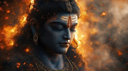 Peaceful Hindu deity Shiva during Maha Shivratri festival. Lord Shiva appears serene amidst magical light show of fire, flames. Artistic image represents religious tradition. Great photo for greeting