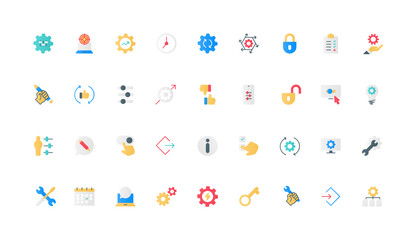 Gears of operation and settings control, setup management on panel with equalizer color icon set. Data modification, update and download, human finger on slider flat elements vector illustration
