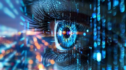 Close-up of human eye with digital data streams superimposed for technological advancement future innovation biometric scanning cyber vision artificial intelligence concept.