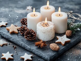 Capture the magical ambiance of the holidays with elegant candles placed amidst delicate stars and glitter, creating a tranquil holiday setting These serene images showcase the warm glow of