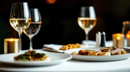 Fine dining experience in exclusive restaurant. Delicious exquisite food served on elegant plates. Wine glasses, candles complete romantic ambiance. Romantic dinner for two. Exclusive restaurant
