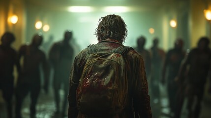 Fototapeta premium Bloody zombie walks alone in dark corridor. Many zombies in background. Post apocalyptic scene evokes loneliness, fear. Grim atmosphere of pandemic. Undead character in modern style corridor. Image