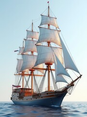 Tall, three-masted sailing ship cuts through ocean waves, its billowing white sails catching the wind with effortless elegance