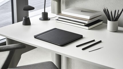 Minimalist Desk Setup with Notebook and Writing Tools in Modern Office