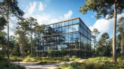 Obraz premium Modern Glass Office Building Surrounded by Lush Greenery and Trees