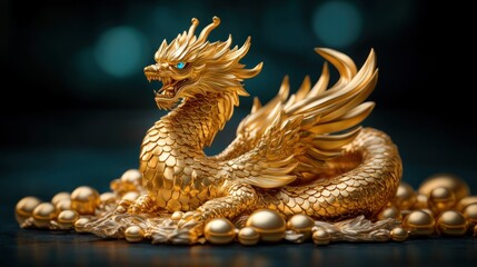 Fototapeta premium Discover the magic of this golden phoenix-like dragon, a mystical lucky charm symbolizing prosperity and good fortune A dazzling display of craftsmanship, this emblem promises to bring positive