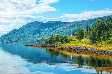 Obraz premium Typical countryside Norwegian landscape. Sunny summer morning in Norway, Europe. Beauty of nature concept background. Artistic style post processed with generative ai
