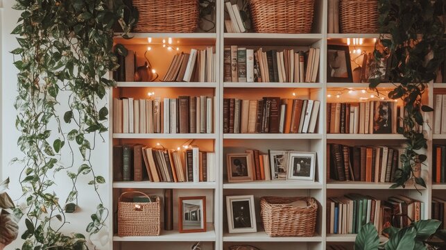 Cozy Reading Nook with Bookshelves and Indoor Plants Decor
