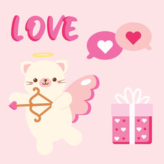Cute Hand Drawn Cartoon Vector Cupid Cat Valentine Clip Art Set