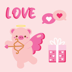 Cute Hand Drawn Cartoon Vector Cupid Pig Valentine Clip Art Set