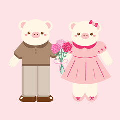Cute Hand Drawn Cartoon Vector Couple Pig Valentine Clip Art Set