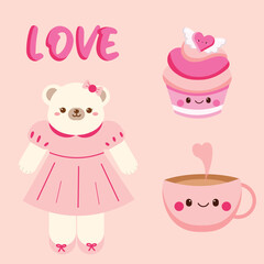 Cute Hand Drawn Cartoon Vector Cupid Bear Cozy Cafe Valentine Clip Art Set