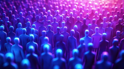Obraz premium Large crowd of people standing together in neon purple, blue light. Unity, community. Event gathering. Strong sense of togetherness. Possible concert festival. People standing in group. Diverse group