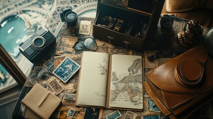 Vintage Travel Desk with Map, Camera, and Travel Ephemera