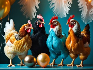Fototapeta premium Colorful chickens standing gracefully in a whimsical composition with a vibrant golden egg, set against a stylish background adorned with feathers, celebrating creativity, farm life, and decorative e