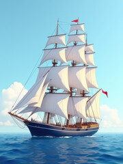 A majestic three-masted sailing ship cuts through turquoise waters, its billowing white sails ablaze as the wind fills them to perfection